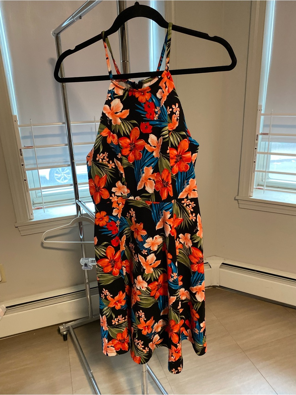 SHEIN Black Halter Floral One-Piece with Orange & Blue Bloom Dress